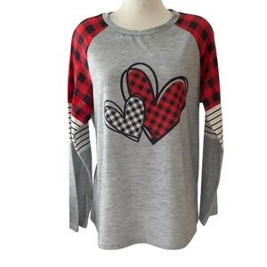 Women’s Top T-Shirt Long Sleeve Gray w/Plaid Stripes Heart Motif Size XL